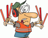 color comic style color drawing of a man wearing a cap, headphones, and a safety jacket. He looks worried.