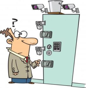 Man looking at a locked secure door comic style drawing