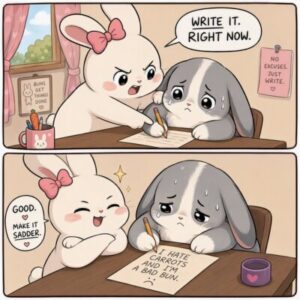 comic style image of a bunny forcing another one to write AI generated