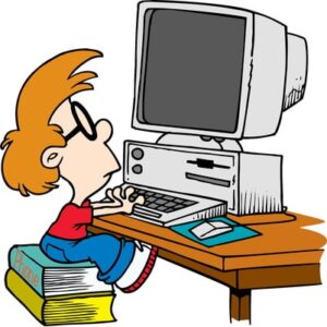 Comic style drawing of a kid sitting at a computer.