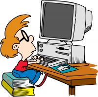 A kid sitting on books in front of a computer. Comic style drawing. 