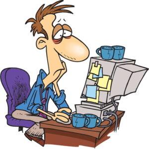 color drawing of a man in front of a computer looking tired.