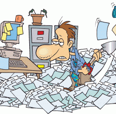 comic style color drawing of a man buried in papers, using a shovel to get out.