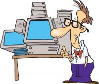 comic style color drawing of a man wearing glasses and pointing to a tower of computers.