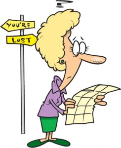 comic style color drawing of a lost woman looking at a  map