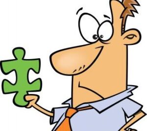 comic style color drawing of a guy looking at a puzzle piece