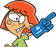 comic style color drawing of a girl holding up a we're number one mitt.