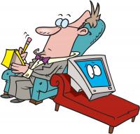 comic style drawing of a computer lying on a couch being analyzed.