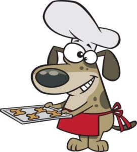 dog giving out fresh baked dog bones comic style drawing