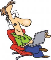 comic style color drawing of a happy man sitting in an easy chair working on his laptop