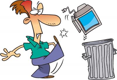 comic style drawing of a man kicking a computer monitor into a trash can.