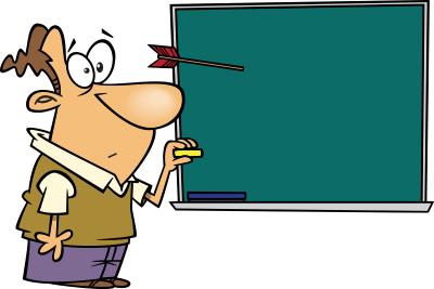 comic style drawing of a surprised looking man standing at a chalk board and there is an arrow in the chalk board