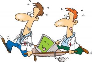 comic style drawing of men carrying a sick computer on a gurney