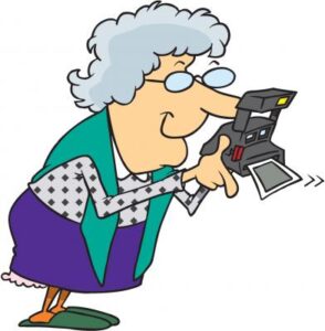 old woman taking a Polaroid picture comic style drawing