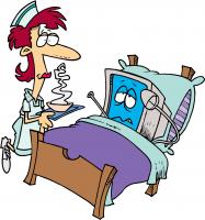 This page is about website redesign, but the image is a comic style drawing of a sick computer in a hospital bed with a nurse standing by the bed.