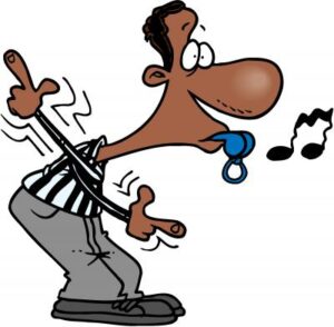 umpire doing funny hand signals and blowing his whistle comic style drawing