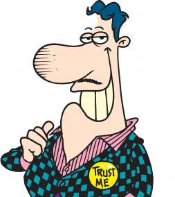 comic style color drawing of an untrustworthy man wearing a trust me badge