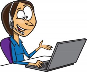 A happy woman talking on the phone while wearing a head set and sitting in front of a laptop comic style drawing