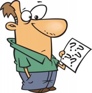 A man looking at a sheet of paper with question mark signs written on it. This is a comic style drawing