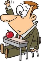 Guy sitting in a childs desk with an apple on it. He is asking a question. comic style drawing