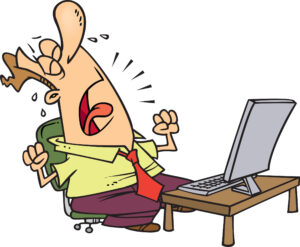a sad man sitting in front of his computer. comic style drawing