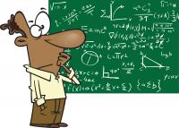 guy looking at a chalk board with a lot of complicated math - comic style drawing