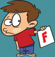 kid holding a report card with an F on it. comic style drawing
