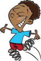 kid wearing springs on his feet - comic style drawing