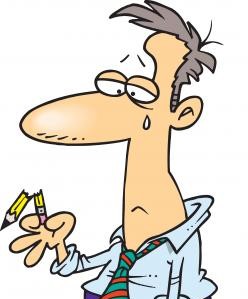 man in a tie looking at his broken pencil and crying - comic style drawing