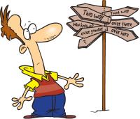 man looking at a confusing sign - comic style drawing