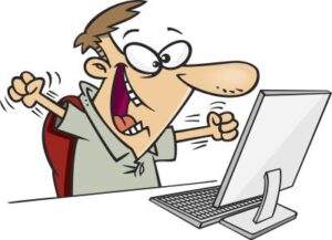 man sitting in front of his computer screen looking very happy - comic style drawing