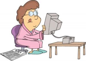 older woman in a pink robe holding a computer screen in her hands - comic style drawing