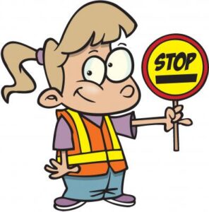smiling girl wearing a safety holding up a stop sign - comic style drawing