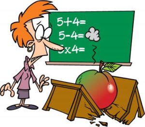 teacher with a huge apple that broker her desk - comic style drawing