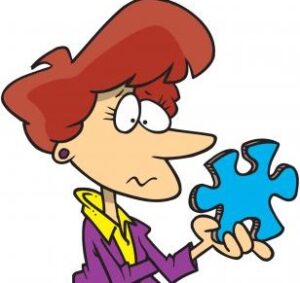 woman looking at a giant puzzle piece - comic style drawing