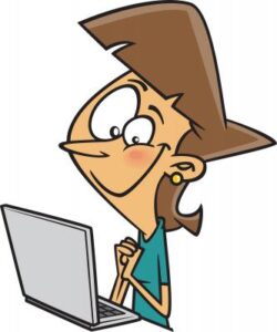 woman looking happily at her laptop - comic style drawing