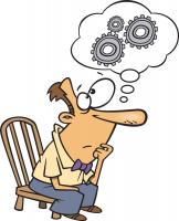 Man with cogs above his head, thinking- drawing