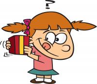 funny drawing of a girl holding a box and wondering what's inside