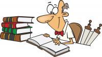 Funny drawing of a guy looking at a lot of large books
