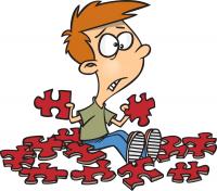 drawing of a kid looking worried while holding large red puzzle pieces