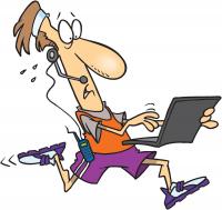 drawing of a man running while holding a laptop computer