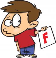 drawing of an unhappy kid holding a piece of paper with the letter F on it