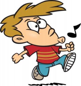 drawing of a kid taking a step and whistling